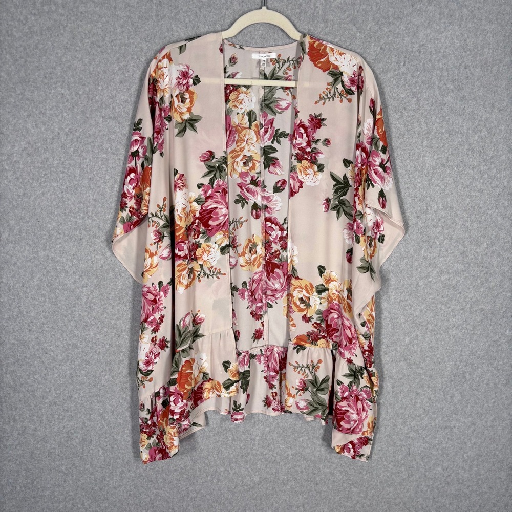 Maurices Kimono OS Cream Pink Floral Ruffle Sheer Cottage Festival Boho Feminine